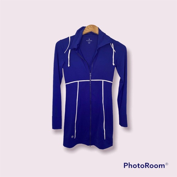 ATHLETA Spinnaker Sun Track Jacket Royal Blue Zip Front Tunic Length Size XXS - Picture 2 of 5